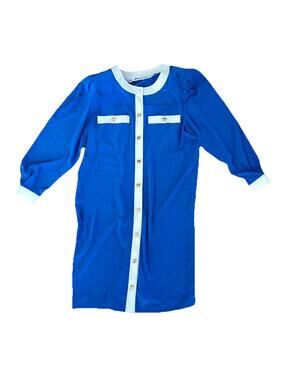 Ms Chaus Polyester Dress 1980s Blue White Trim Sheer Shift Tunic Retro Sz 10
